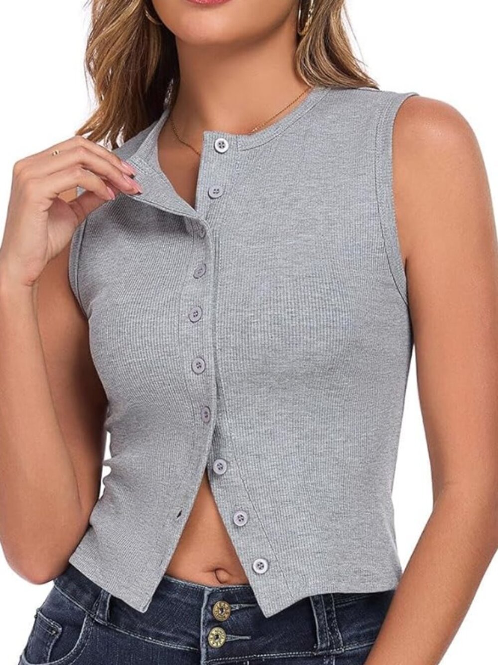 NWT Light Gray Ribbed Button Down Tank Top Size Large L Women Gleeneat Amazon
